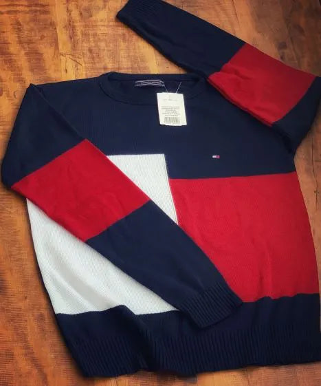 MOLETOM SUETER TOMMY AZUL MARINHO E VERMELHO